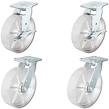 Casterhq 8"x2" Steel Wheel Casters, Casters 2 Swivel Casters W/ L, PK4 HD-8X2SS-2SB2S